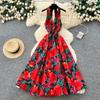 Summer Red Floral Print Chiffon Midi Dress for Women Bohemian V-Neck Halter Neck Backless Beach Dress Female