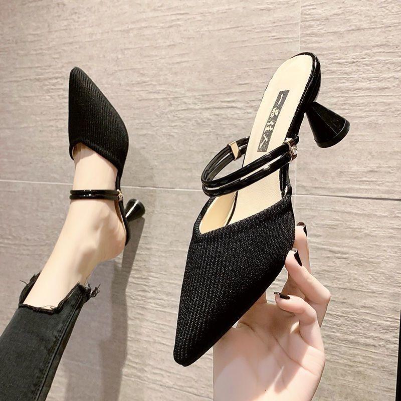 Baotou Half Slippers Women's Summer Wear New Women's Fashion Versatile Pointed Thick Heel Light Mouth Cool Slippers