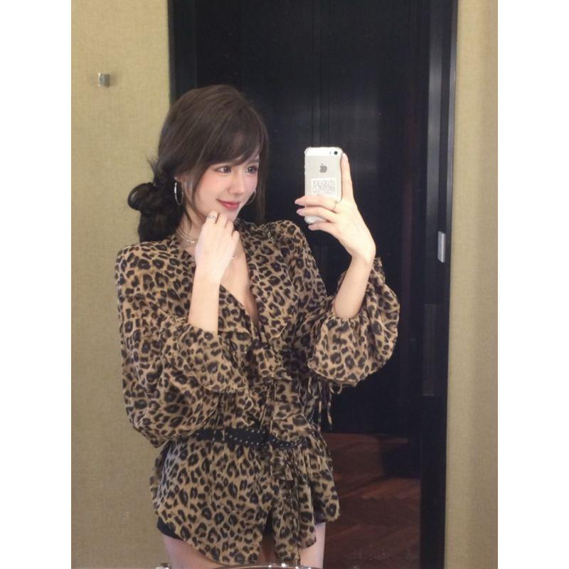 Kumikumi American Style Sexy Leopard Print Ruffles Shirt Women Early Autumn Stylish Mid Length Long Length off-the-Shoulder Sun Protection Top