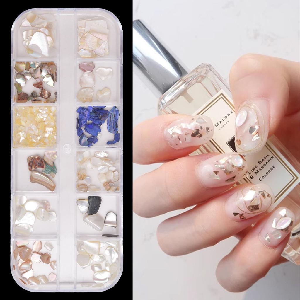 Ultra-Thin Abalone Nail Art Kit: 12-Grid Mixed Ornaments with Shells, Rivets, Pearls, and Rhinestones.