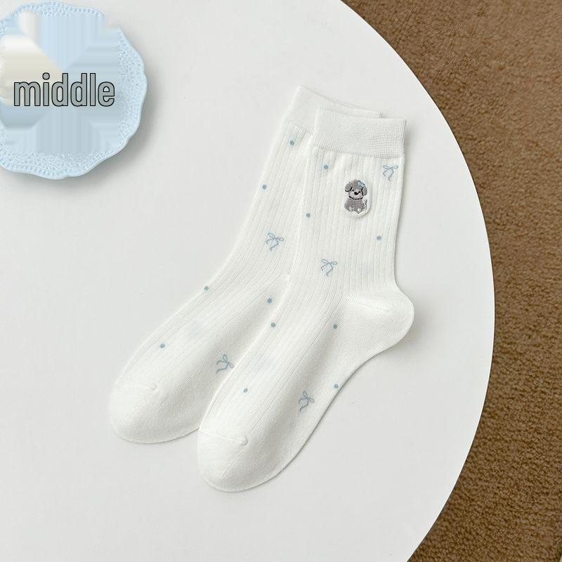 Zhuji Women's Cute Cartoon Embroidered Mid-Calf Cotton Socks, Preppy Style