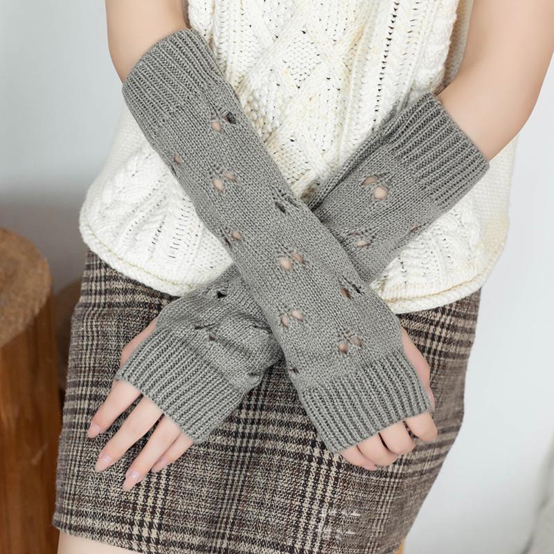 Solid Color Stylish Hollowed Out Fingerless Knitted Gloves Girl Crochet Long Hand Sleeves Warm Arm Covers Lady Elbow Mittens
