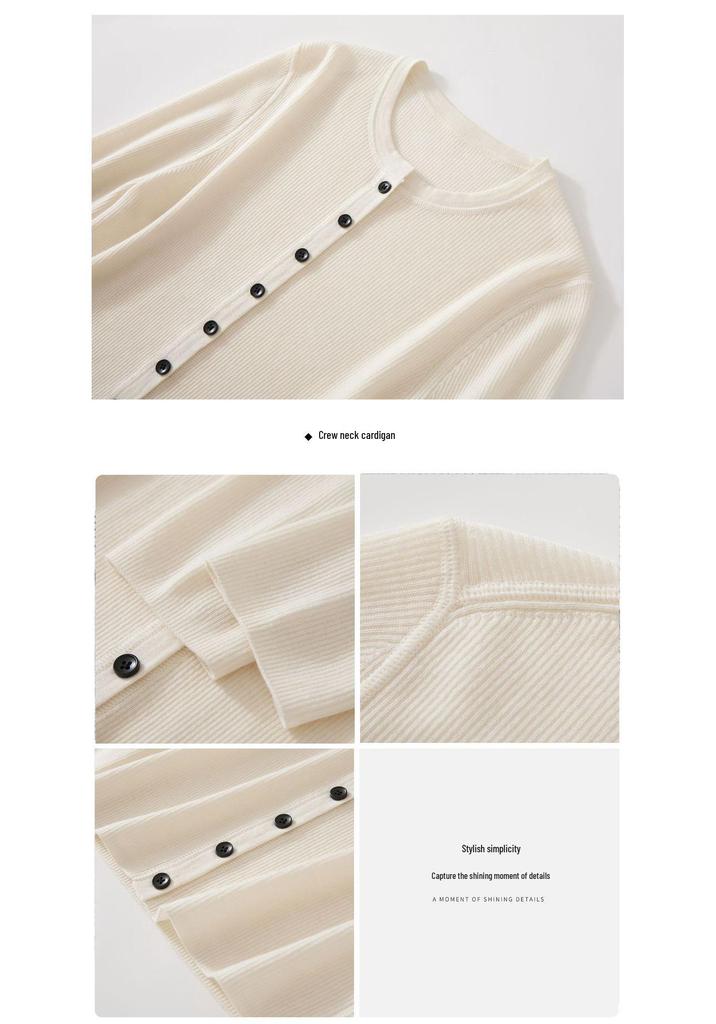 Women's 100% Fine Wool Ribbed Button-Up Cardigan, Round Neck Knitwear – Elegant & Versatile Jacket