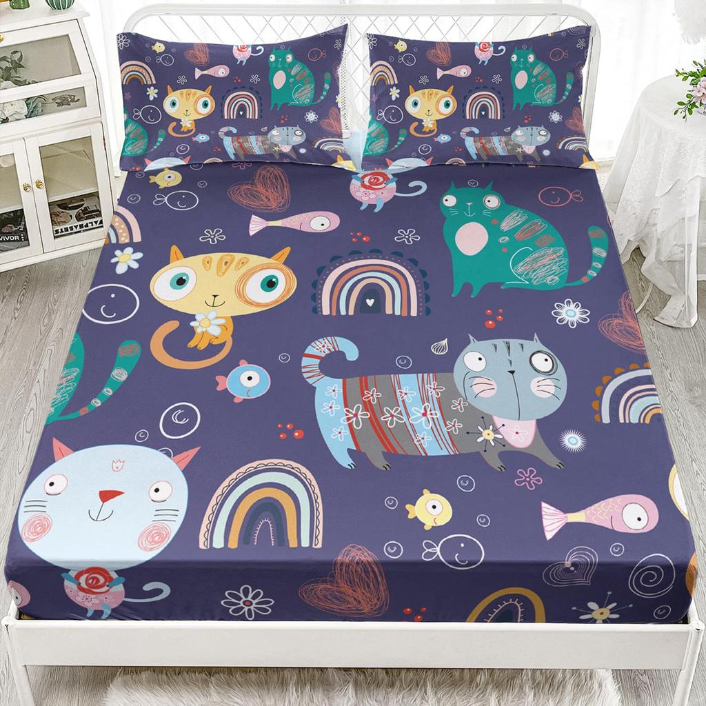 Cute Cartoon Kitten Pattern Bed Hat Three-Piece Digital Printing Bedding Set Adult Children