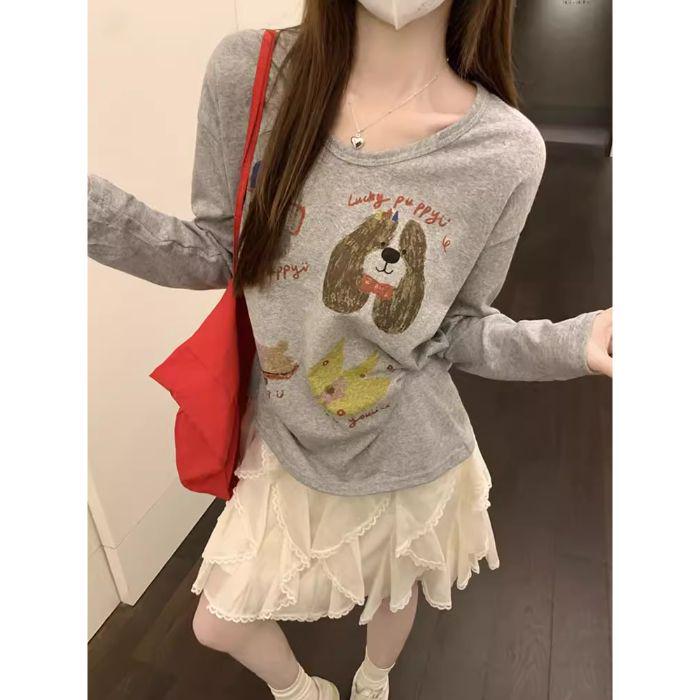 

Абрикосовый женский повседневный топ с длинным рукавом и U-образным вырезом с принтом собаки Extra Large серый