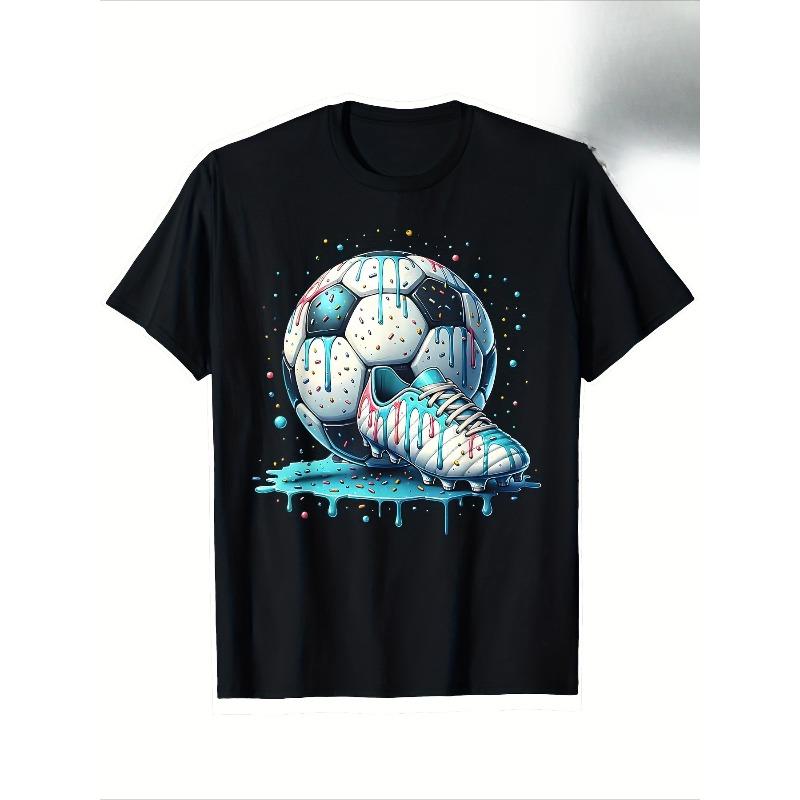 

European Size Dripping Soccer Ball And Cleat Tshirt Colorful Sprinkle Drip Graphic Casual Crew Neck Short Sleeve Tee Ideal For Soccer Players 4XL
