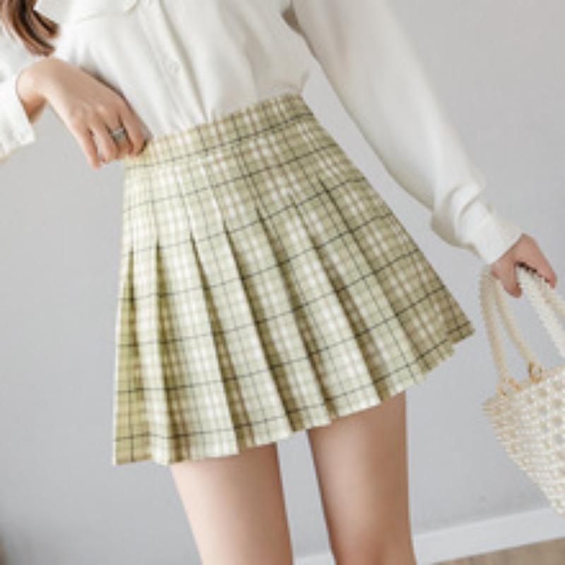 Pleated Skirt Short Skirt Student Autumn and Winter Summer Green A-line Skirt Pants New Style Anti-exposure Plaid Skirt for Women