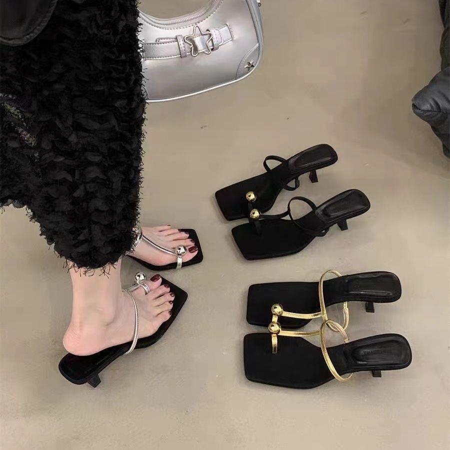 Fashion trend sense soft sole not tired feet square head thin heel high heels set toe cool slippers