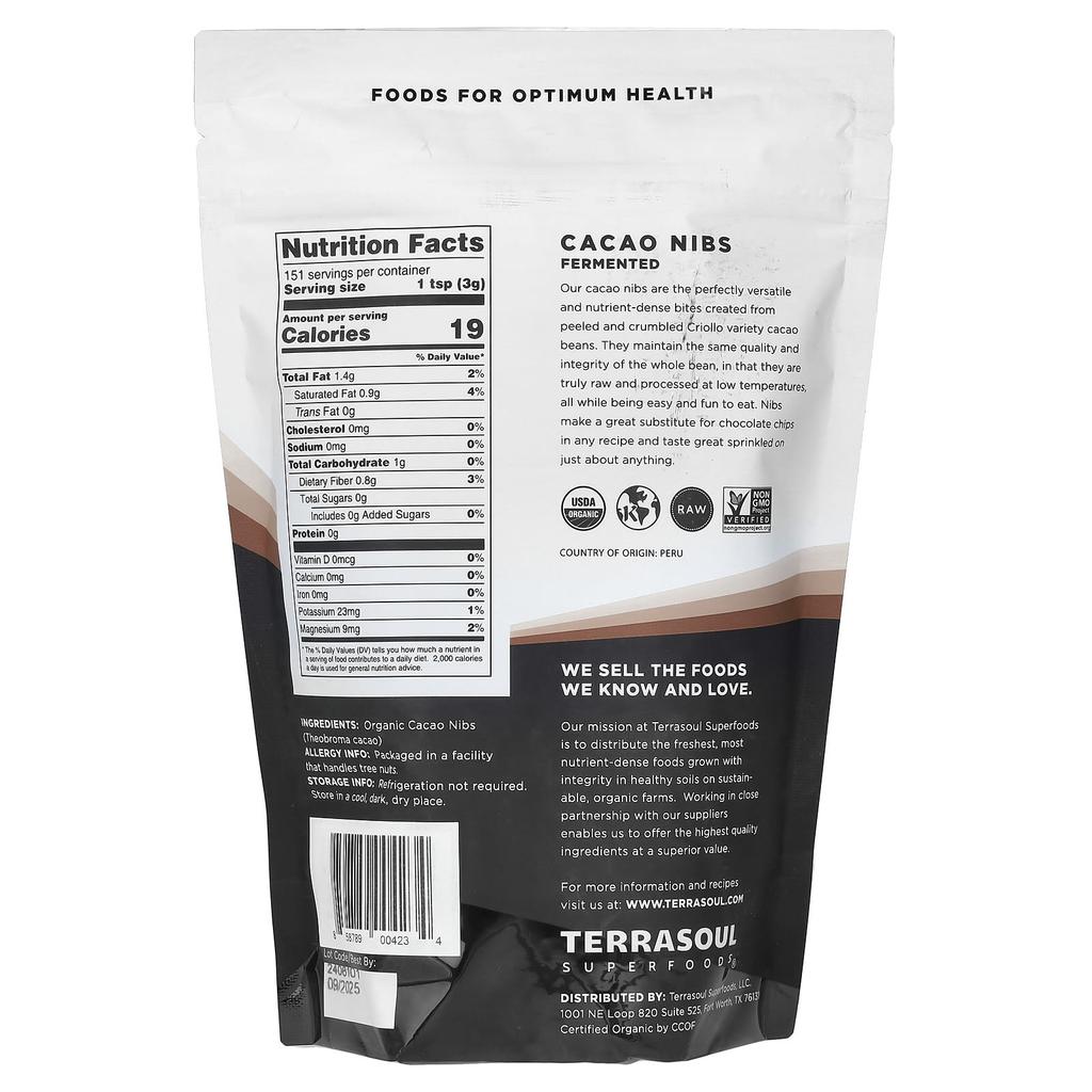 Terrasoul Superfoods Fermented Cacao Nibs, 16 Oz (454 G)