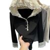 Women's Autumn Lace Patchwork Hoodie - Age-Reducing Long Sleeve Top