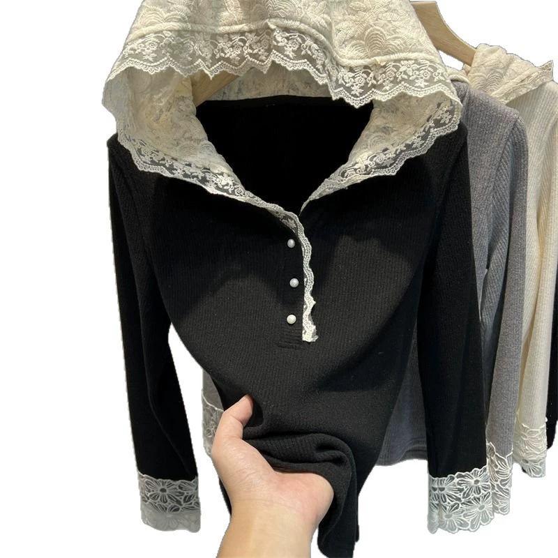 Women's Autumn Lace Patchwork Hoodie - Age-Reducing Long Sleeve Top
