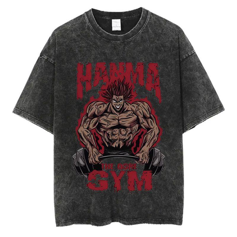 Anime Baki Washed Tshirt Harajuku Summer Cotton Short Sleeve Oversize Tees Vintage Streetwear Baki Hanma Print T-Shirt