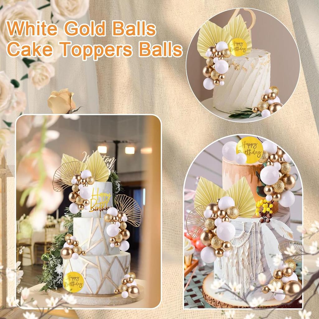 White Gold Balls Cake Toppers with Gold Palm Leaves Boho Birthday Cake Decoration Balloon Cake Insert for Birthday Wedding Party