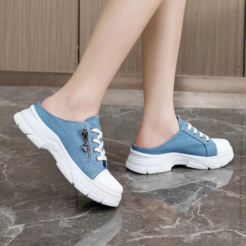 2024 New Women's Shoes with Lace Up, Mid Heel, Round Toe Denim Fabric Toe Cover Slippers, Summer Outdoor Casual Women's Slippers