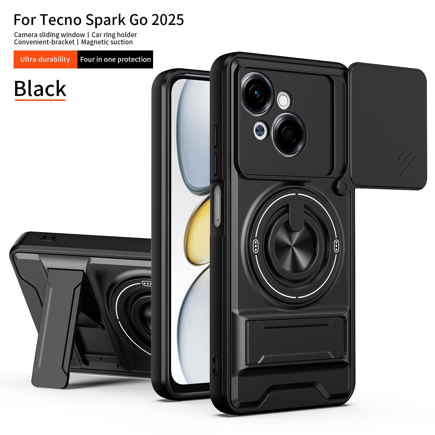 

Phone Case Slide Camera Cover Compatible for Tecno Spark Go 2025 Case With Built-in Ring Stand and Folding Stand Protective Case for Tecno Spark Go 2025 чёрный