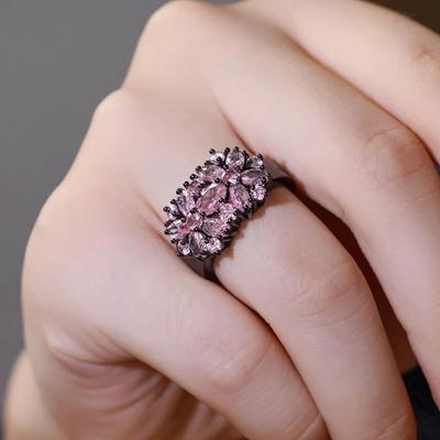 Huitan Pink Cubic Zirconia Flowers Rings Romantic Sweet Black Color Delicate Jewelry for Engagement Charm Finger Accessories
