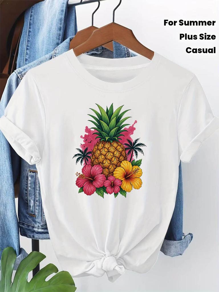 Tropical Pineapple Floral Vacation Print Plus-Size Spring-Summer Women'S T-Shirt. Suitable for Beach