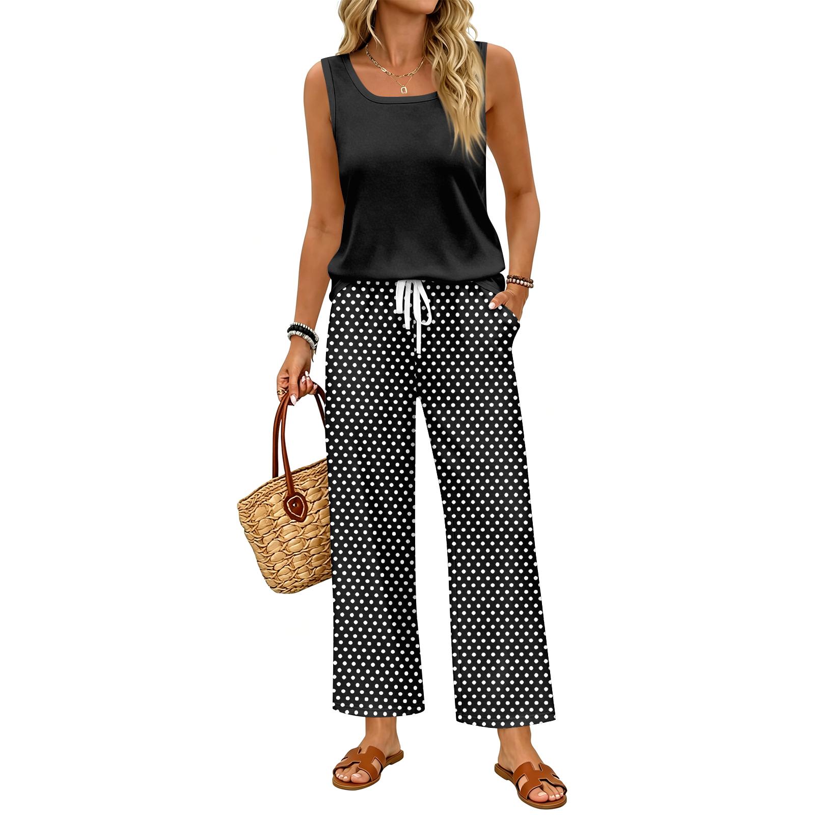 

Women Sleeveless Tank Top and Wide Leg Pants Two Piece Set Polka Dot Print Elastic Waist Casual Lounge Wear for Travel Vacation Home XXL