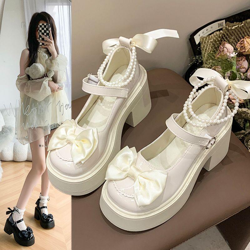 Thick Sole with Skirt Princess Round Head Pearl Small Leather Shoes 2025 Summer New Mary Jane Shoes Thick Heel High Heel Single Shoes