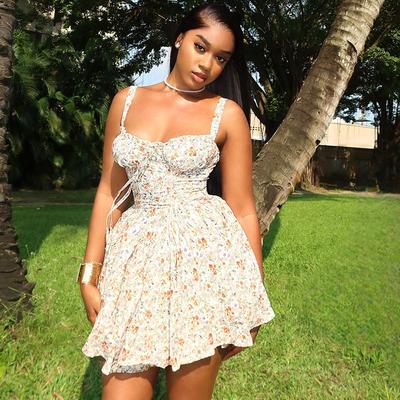 European and American Style Fashion Print Sexy Deep V-neck Suspender Waist Cinched Irregular Skirt Dress Short Skirt