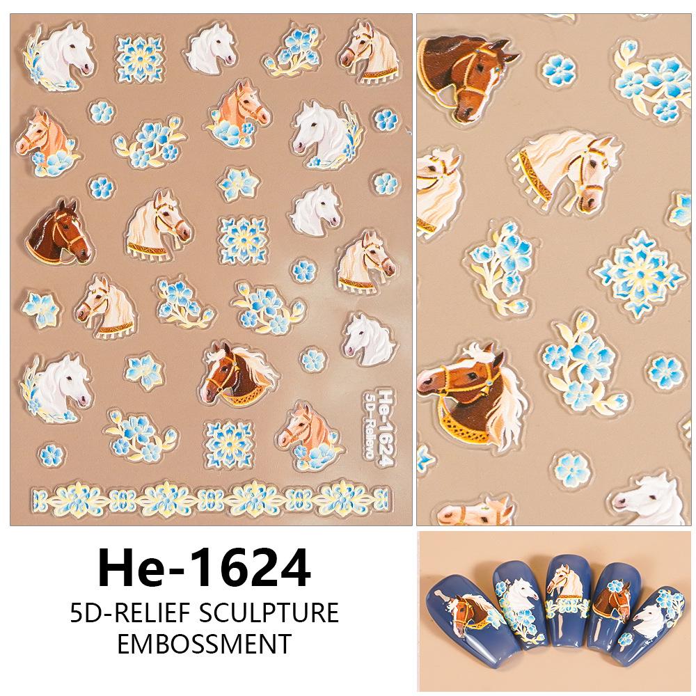 5D Embossed Cartoon Nail Art Stickers: Galloping Horse & Red Flower Wreath He1625