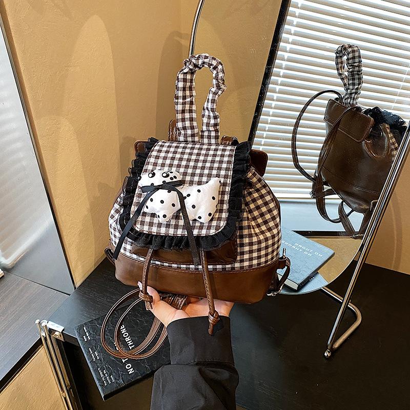 Cartoon Puppy Cute Backpack Women's New High-end Plaid Backpack Girl Small Bag