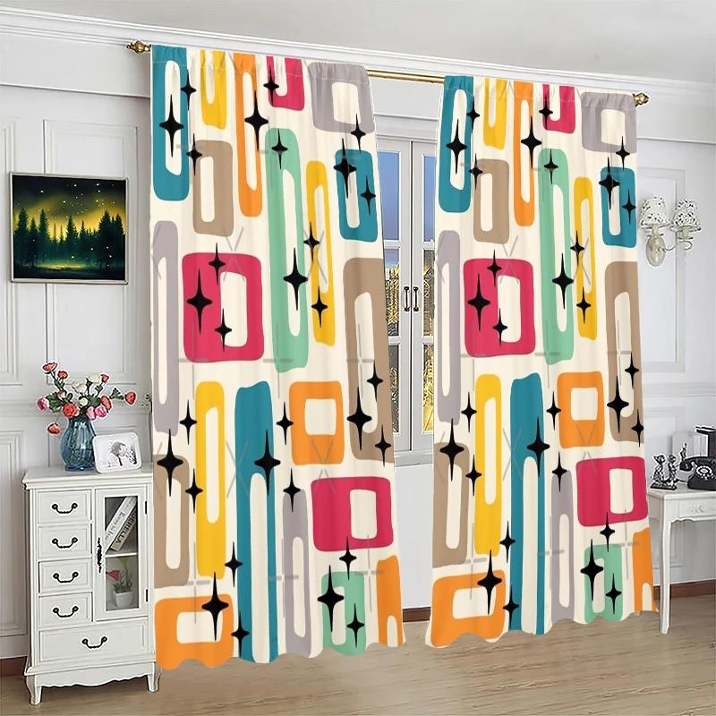 2pcs Retro Geometric Star Printed Curtains, Designed for Light Filtering, Quality Material, Ideal for Mid-Century Modern Home Wi