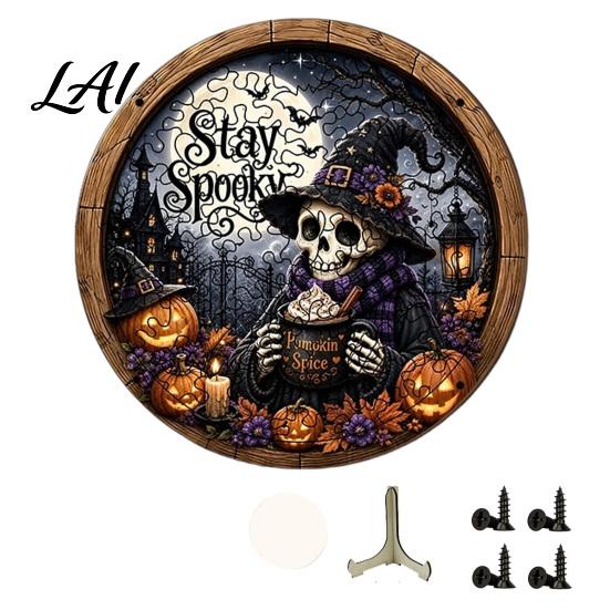 Vintage Owl Black Cat Ornaments Halloween Round Puzzle Sign Witch Skull Wooden Decor with Stable Base Decorative Stand Spooky Tabletop Ornament for