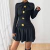 Women's Fashion Spring Fall Solid Color Print Long Sleeve Half Turtleneck High Waist Casual Dresses