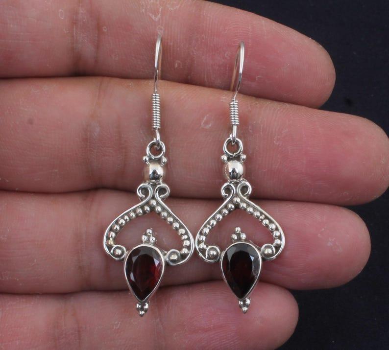 Solid 925 Sterling Silver Garnet Gemstone Earrings Bohemian Earrings Gift For Her Charm Jewelry
