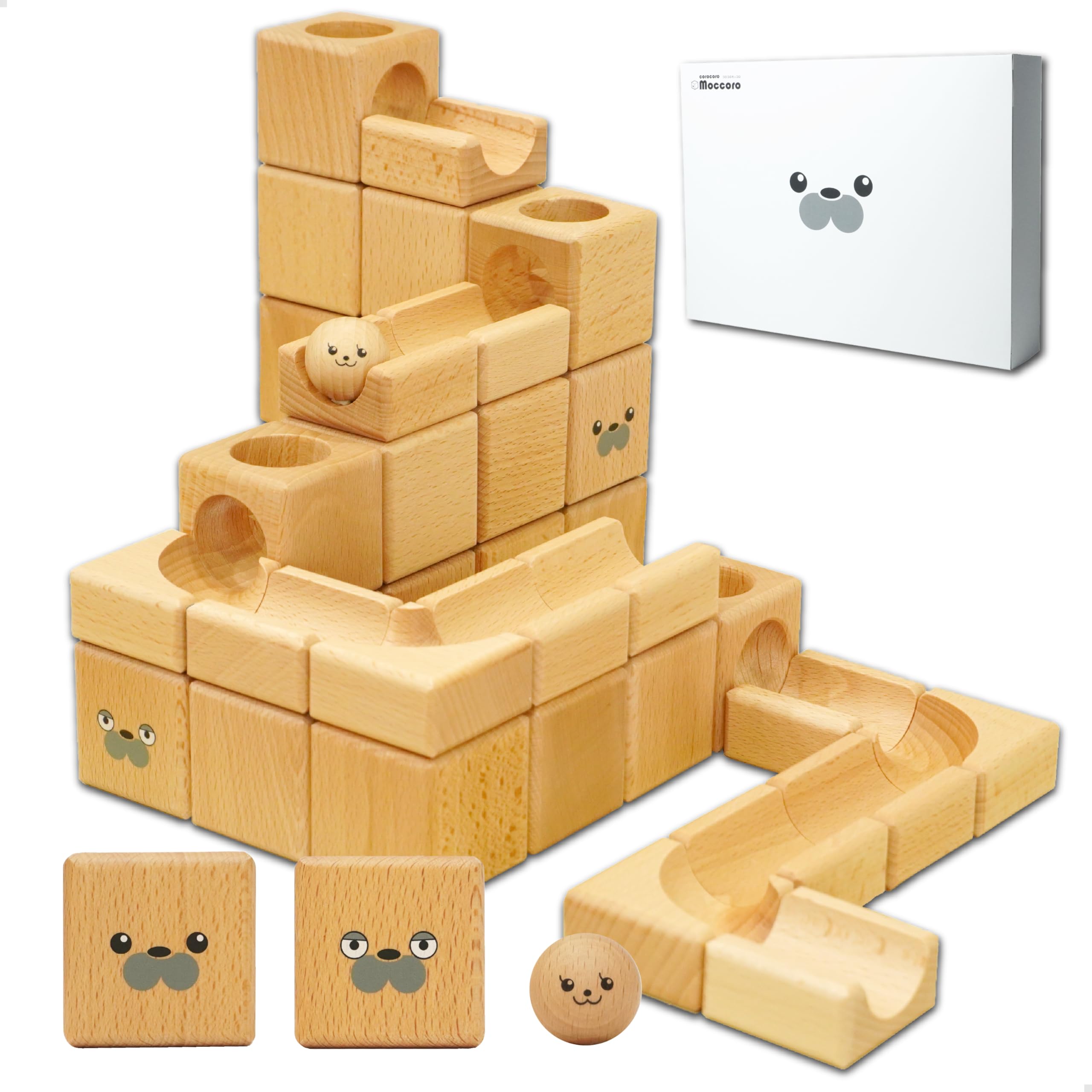 

[Сделано в Японии, Сделано из массива дерева] Korokoro Mokkoro Набор из 48 блоков | Развивающая игрушка, Мраморный роллер, 3D-пазл, Возраст 3+