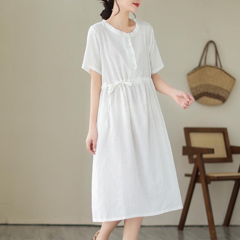 2025 Summer Retro Chinese Style Loose Jacquard Dress - Mid-Length Solid Color Skirt