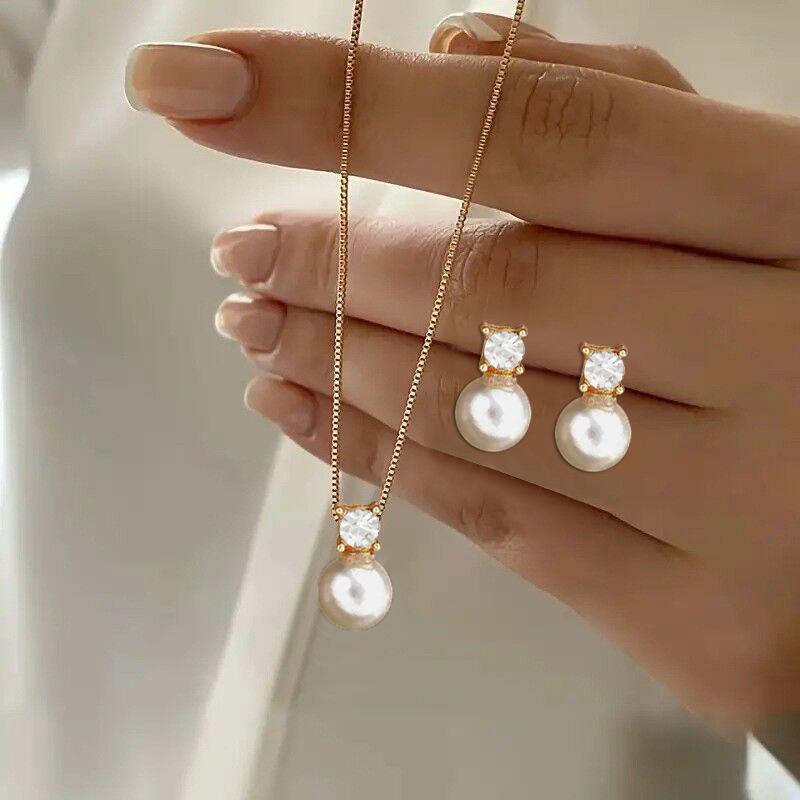 3 Pcs/Set Round Pearl Pendant Necklace For Women Exquisite Fashion Rhinestone Double  Earring Wedding Jewelry Set Gift