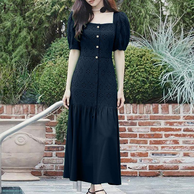 ZANZEA Women Square Collar Summer Casual Short Sleeve Crochet Dress