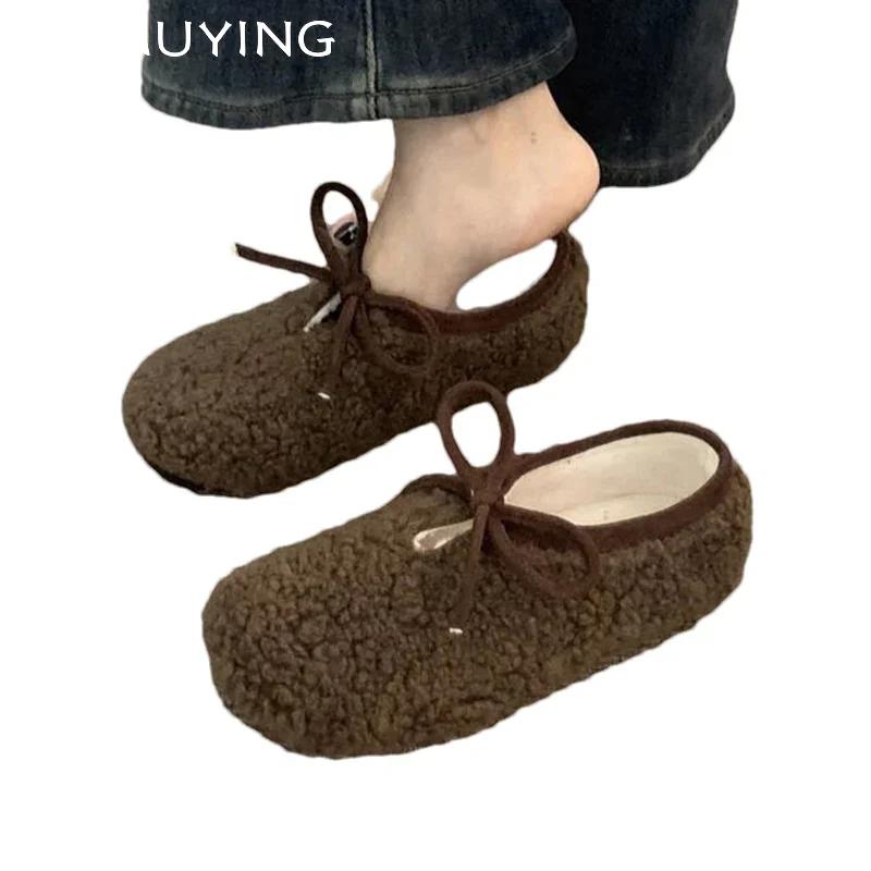 Bow Fur Women Snow Ankle Boots Short Plush Designer Flats Cotton Shoes 2025 Trend New Warm Casual Walking Winter Botas De Mujer