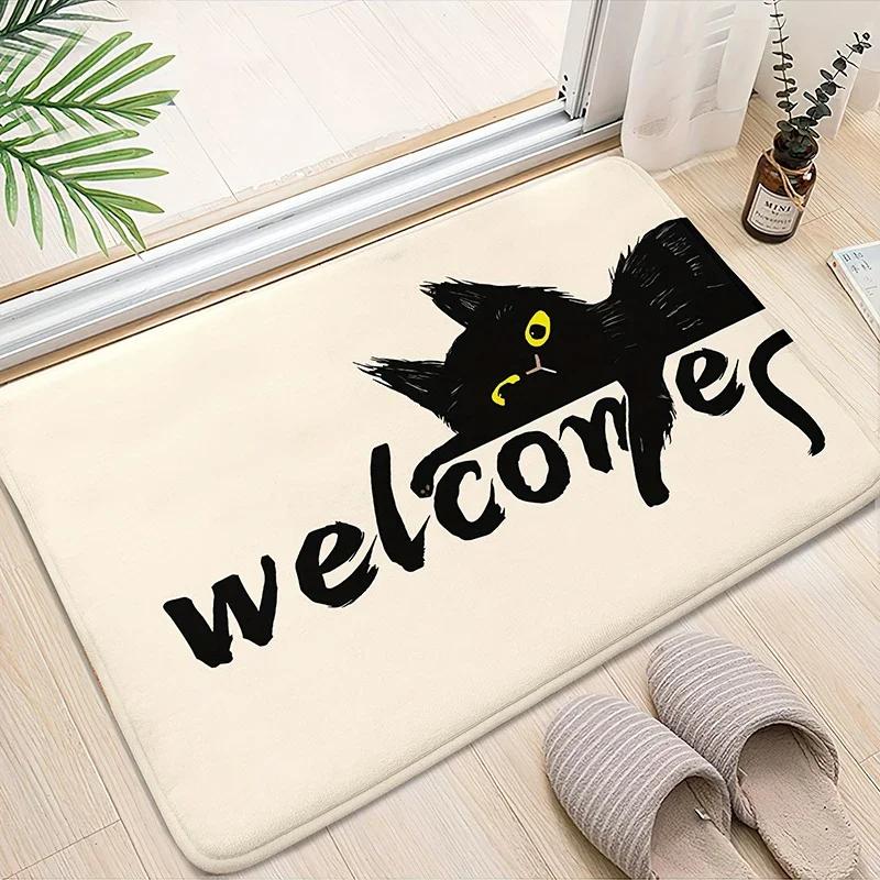 VIKAMA Cat Welcome Mat, Funny Hi Bye Print Doormat, Non-Slip Floor Rug for Indoor Outdoor Front Door Kitchen Bedroom Decor