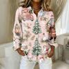 Women's Christmas Printed Button Up Long Sleeved Casual Regular Shirt With Collar Top