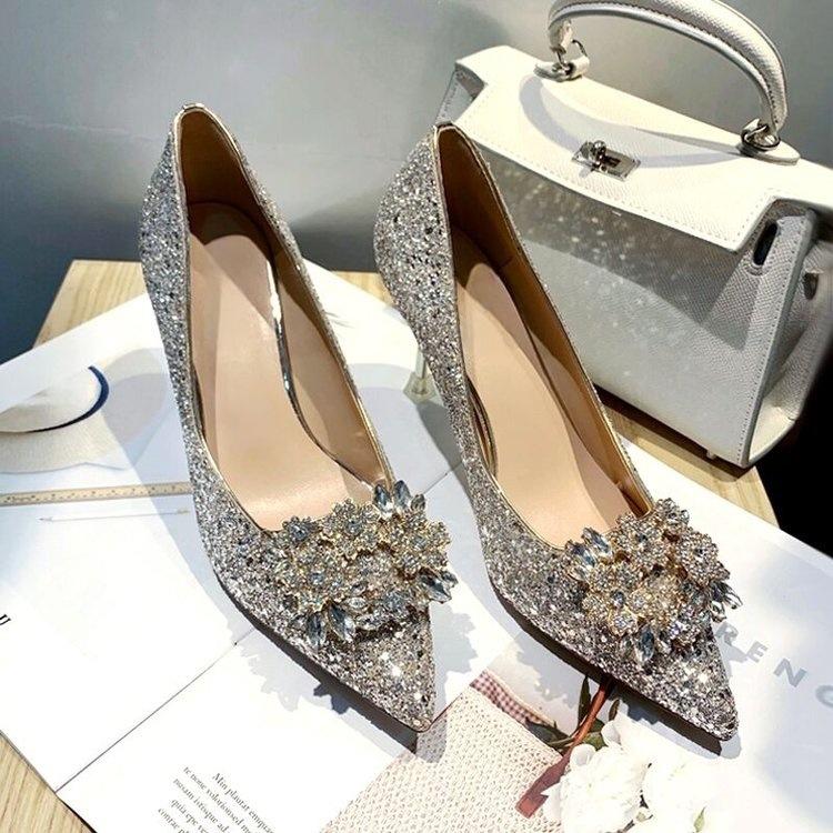 2025 new Xiuhe wedding dress two wear crystal shoes bride shoes women champagne high heels not tired feet rhinestone wedding shoes