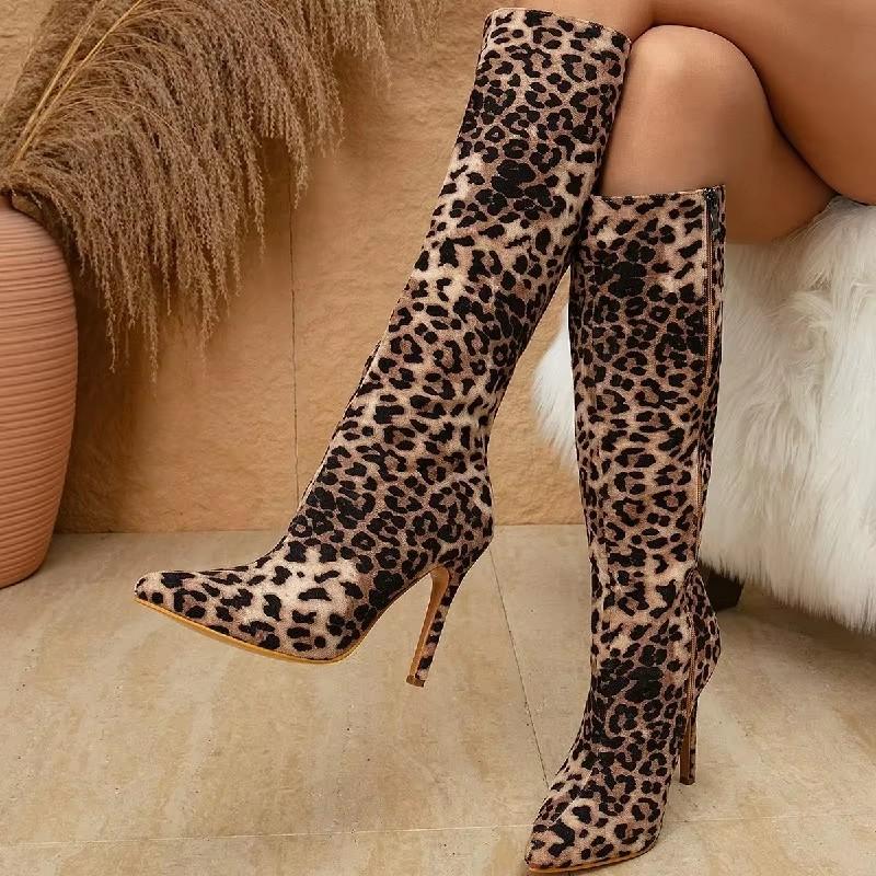 Fashion Eilyken Design Pointed Toe Thin High Heels Women Knee-High Boots Fashion Leopard Print Shoes Zipper Long Booties