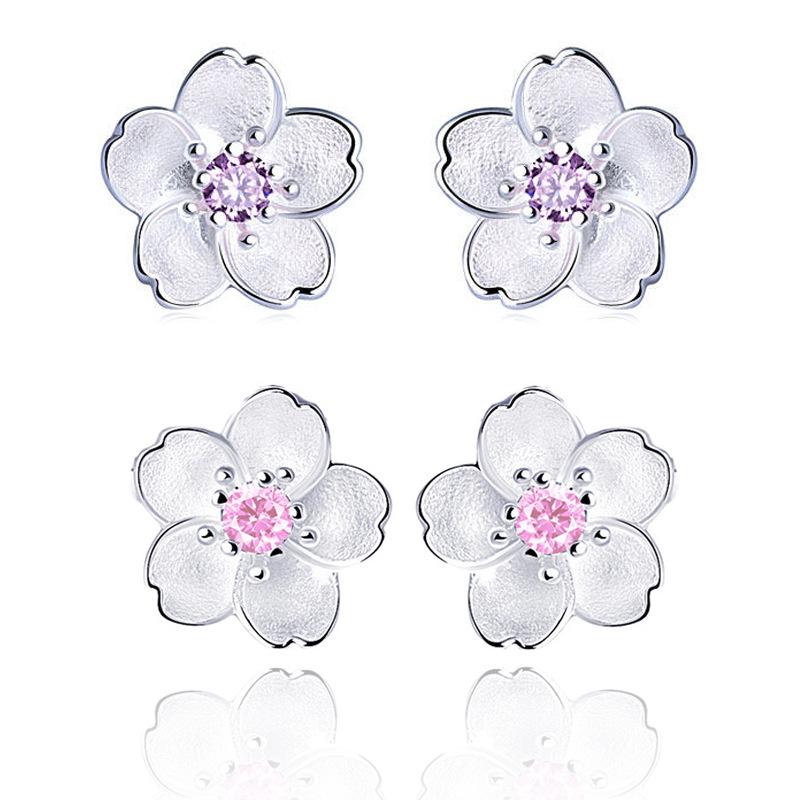 Japan and South Korea Small Fresh Simple Temperament Japanese Cherry Blossom Earrings Sweet Flowers Delicate Pink Purple Diamond Earrings Female