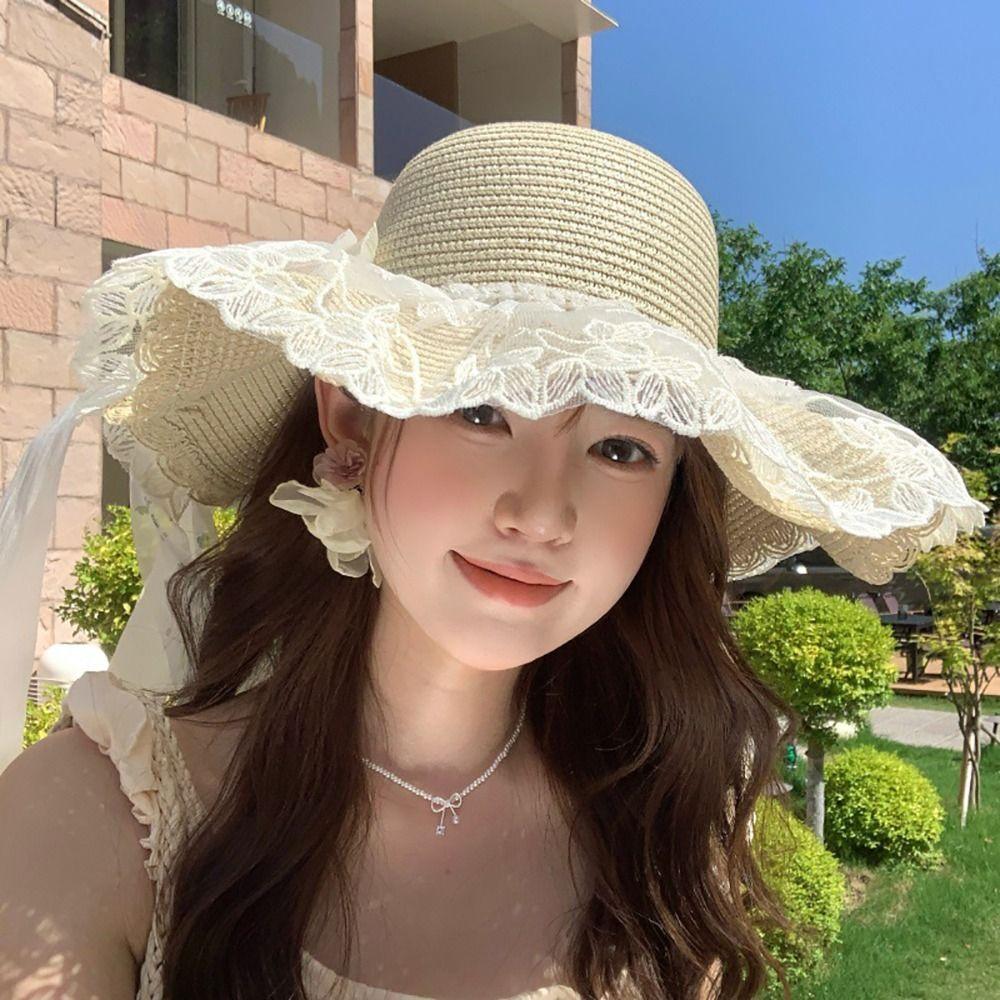 Flower Straw Hat Big Bowknot Wide Brim Hat Lolita Sun Protection Hat  Seaside Vacation
