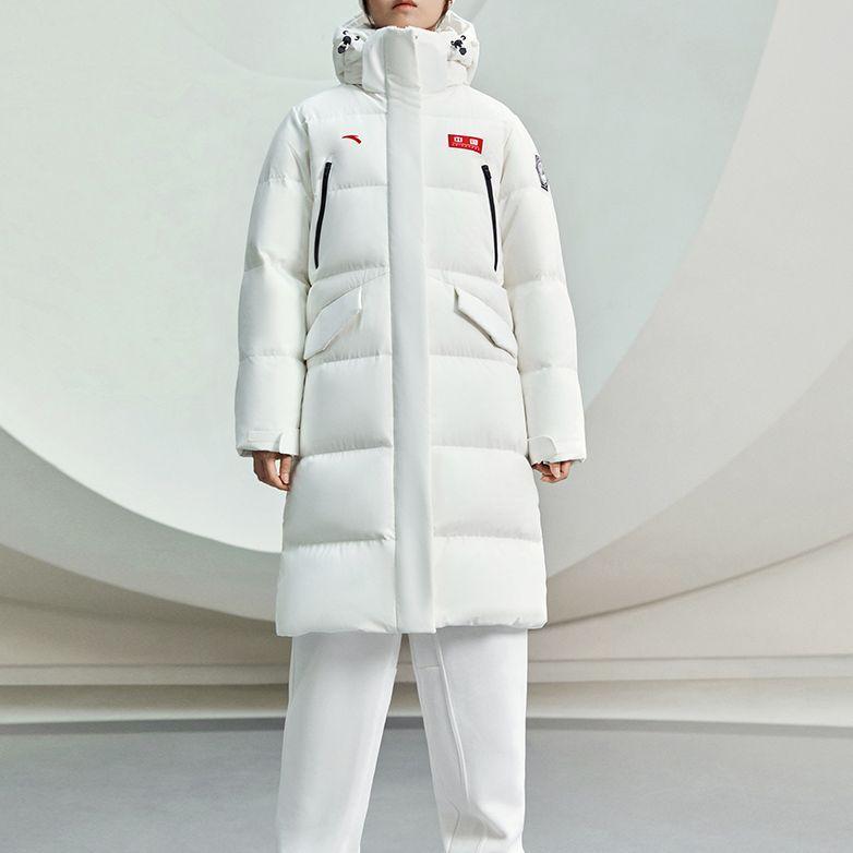 Anta Training Series Letter Patch Long Hooded Down Jacket Women Outerwear White 162317908-4