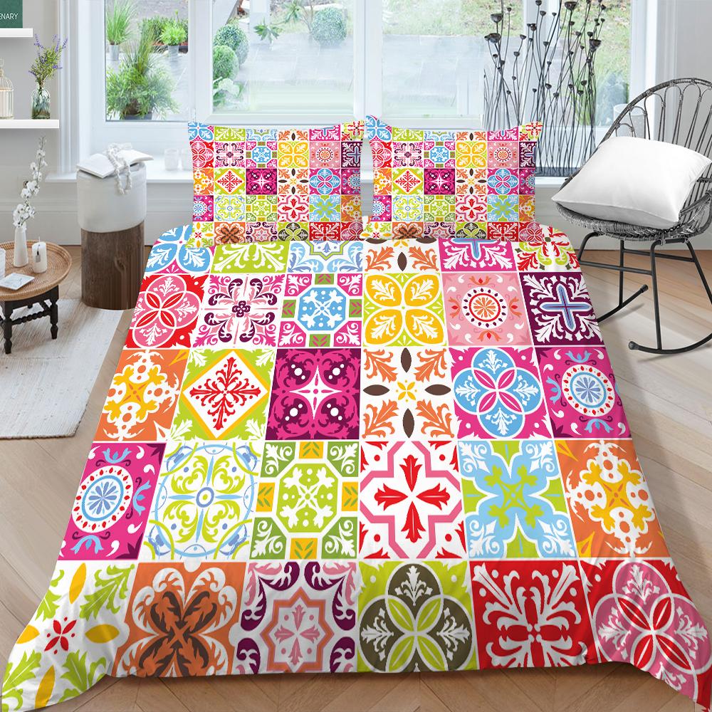 3D Family Bedding Single Double Bed Full Size Vintage Graphic Printed Bedding Geometric Pattern Pillowcase and Quilt Cover Washable Home Decoration