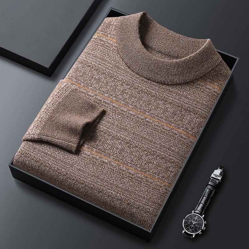 Men's 100% Pure Cashmere Thickened Fleece-Lined Winter Sweater - Solid Color, Round Neck, for Middle-Aged.