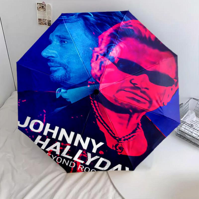 1pc Johnny Hallyday Pattern Umbrella Portable Folding Umbrella Iron Frame Hole Bone Structure Outdoor Home Umbrella
