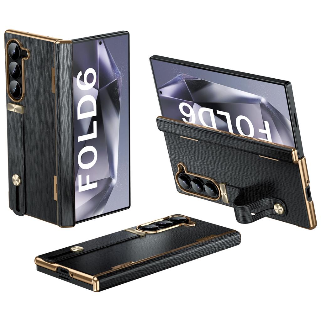 For Samsung Galaxy Z Fold6 5G Case Wrist Band Hinge Protection Leather+PC Phone Cover