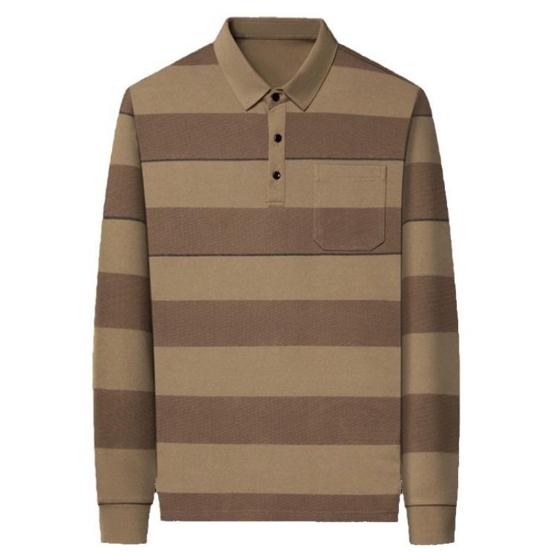 Men S Wide Striped Long Sleeve Turn Down Collar Polo Shirt