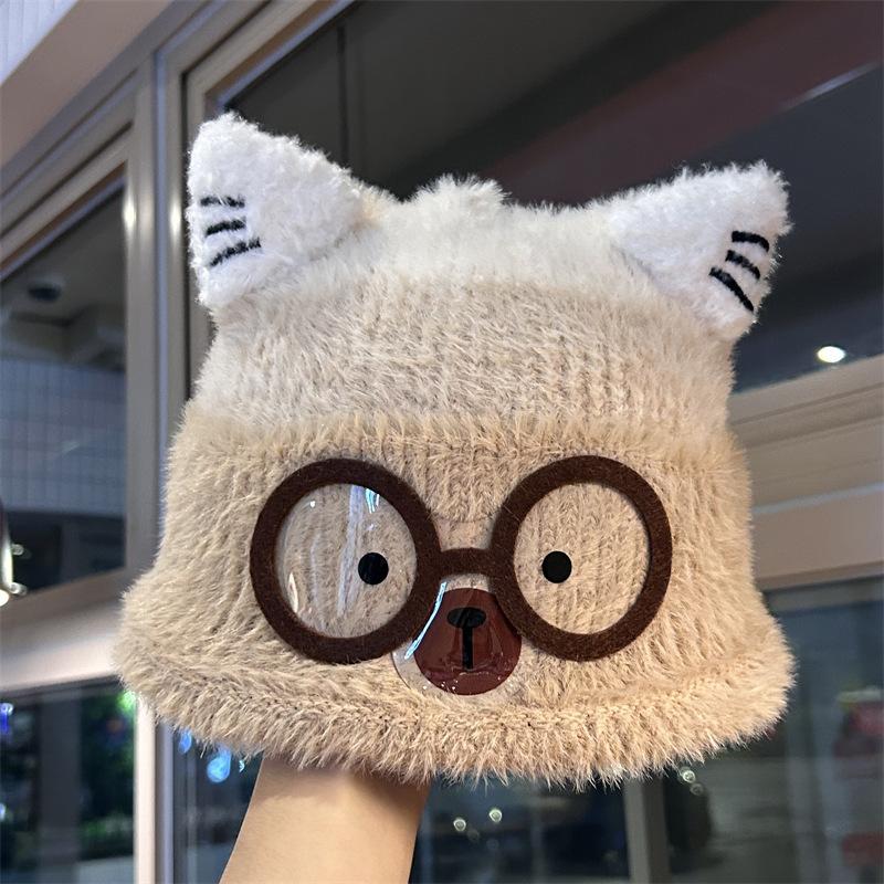 Autumn and Winter New Cartoon Glasses Ears Knitted Hat Women's Big Head Circumference Small Wool Hat