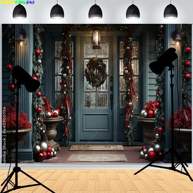 Front Door Window Christmas Day Wreach  Photography Backdrops New Year Living Room Portrait Holiday Party Photo Background DD-12