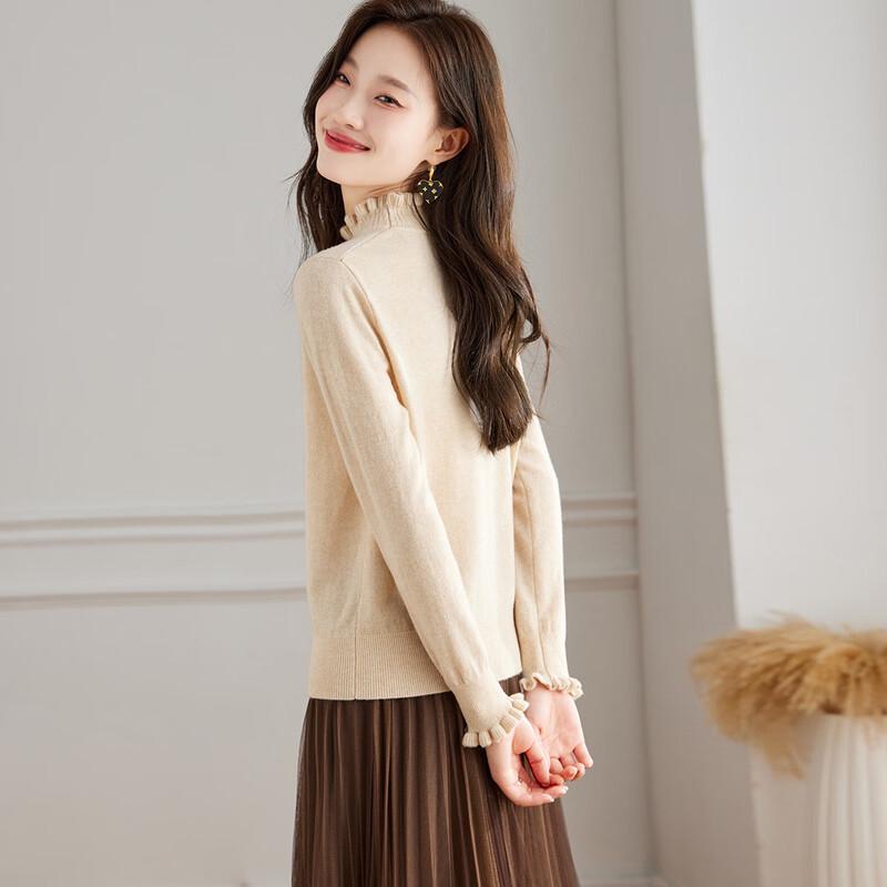 Women's Pure Wool Ruffle Half-Turtleneck Sweater